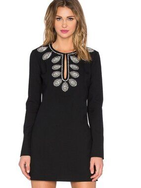 Rachel Zoe Zen Dress Mod Black Beaded Long Sleeve Shift Dress Size 8 MOD 60's